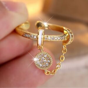 Elegant 14k Gold Chain Ring with Cubic Zirconia Accents Adjustable Size